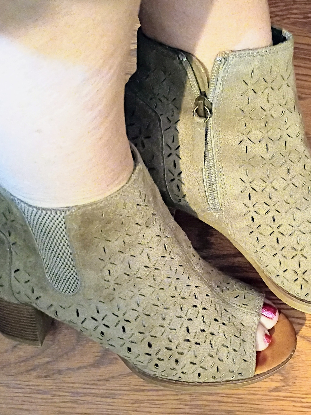 Rock & Candy Tan Suede Laser-Cut Peep-Toe Booties